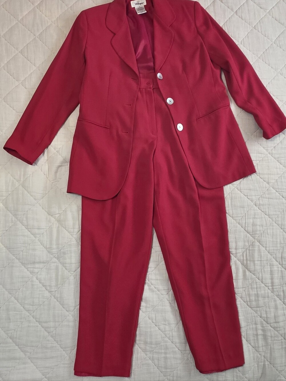Vintage Red Two-Piece Pantsuit With Abalone Buttons